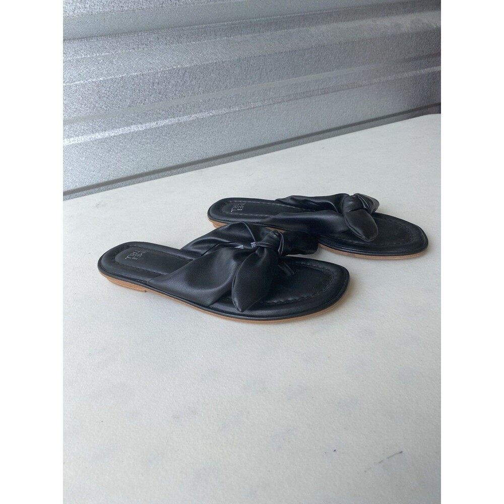 Time and Tru Women's Size 7 Black Bow Slide Sandals Flat Open Toe Thong Slip On